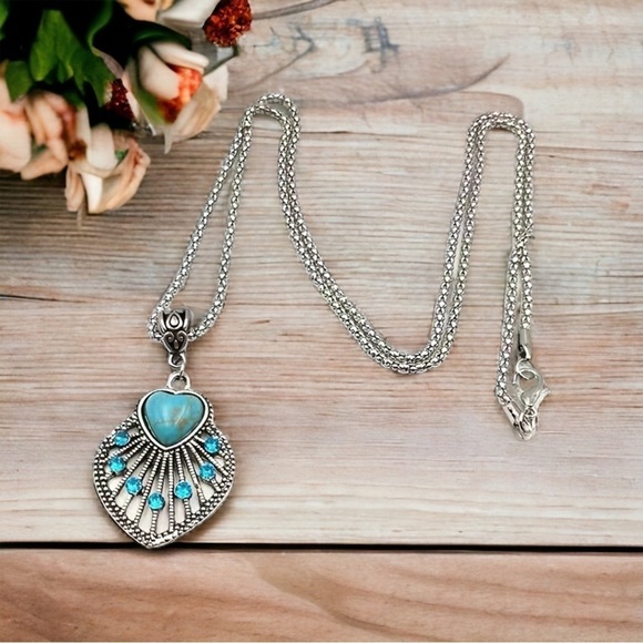 Boho Chic Necklace Southwestern Turquoise Silver Vibe Pendant Chain Gift Pouch - Picture 13 of 16